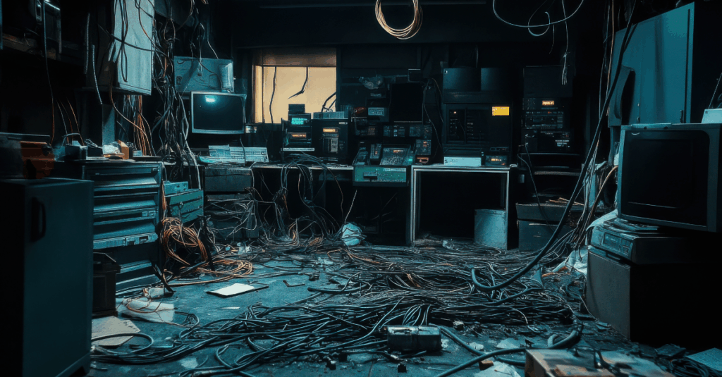 Outdated server room with tangled wires and obsolete technology — representing the challenges of legacy IT environments that ClearDATA helps healthcare organizations modernize through secure, compliant, and automated cloud solutions.