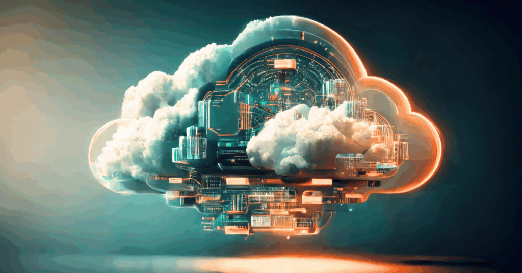 Futuristic cloud architecture with glowing circuitry representing advanced cloud technology — illustrating Healthcare Innovation on AWS through secure, compliant, and scalable cloud solutions that drive digital transformation in healthcare organizations.