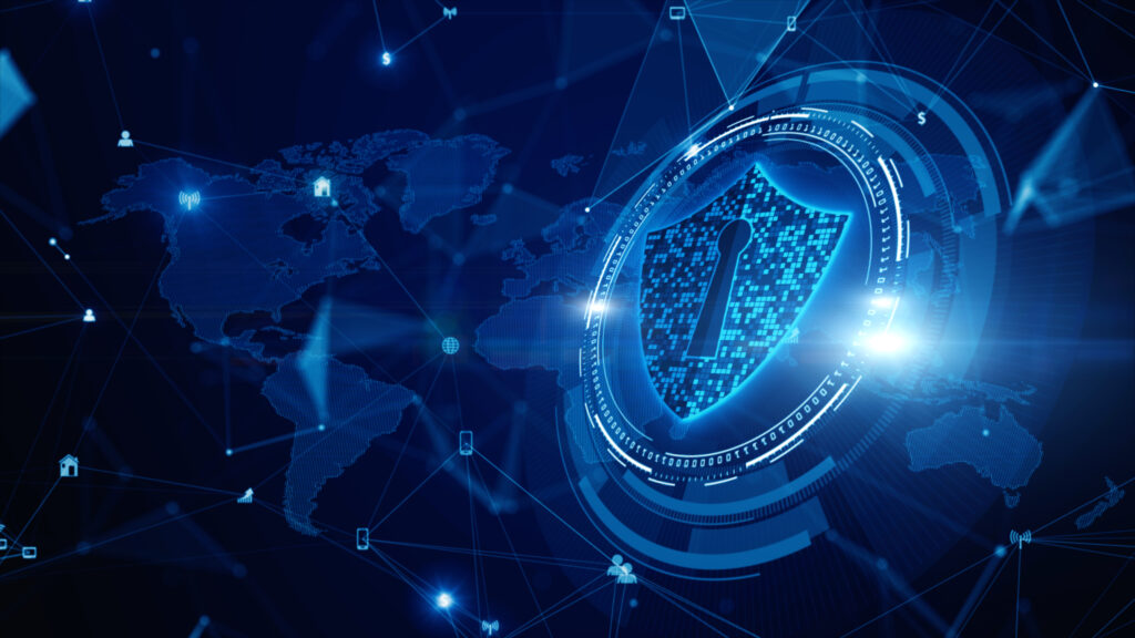 Digital cybersecurity shield overlaying a global map, symbolizing global network security, data protection, and managed detection and response for healthcare cybersecurity infrastructure in a connected digital environment. managed detection and response for healthcare