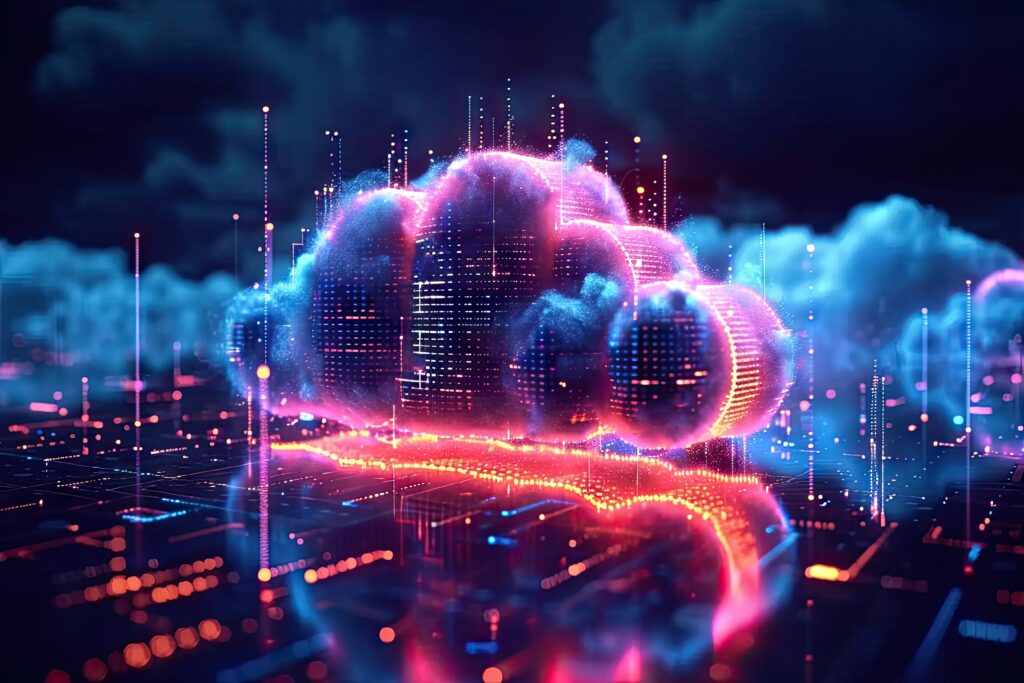 Healthcare ransomware attacks targeting cloud infrastructure, illustrated by a glowing digital cloud over a network grid symbolizing cyber threats to healthcare data systems.