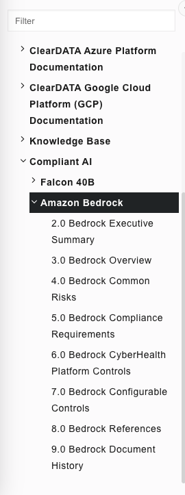 Menu navigation of Amazon Bedrock CRA, including executive summary, overview, common risks, CyberHealth Platform controls, compliance requirements, configurable controls, and references.