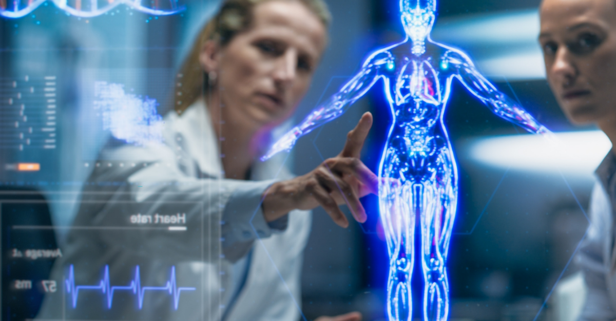 Healthcare researchers analyzing a digital human anatomy hologram with AI-powered data visualization and real-time health metrics, symbolizing secure cloud technology and advanced medical innovation.